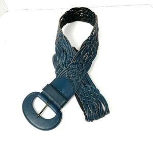 Woven Leather Belt Teal Blue D Ring Buckle Wide Braided Statement Women's L Boho